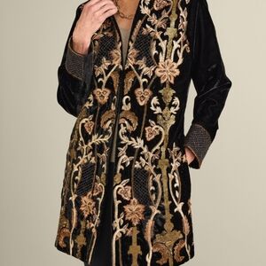 Luxe black velvet jacket embellished with rich Gold embroidery Size Large.